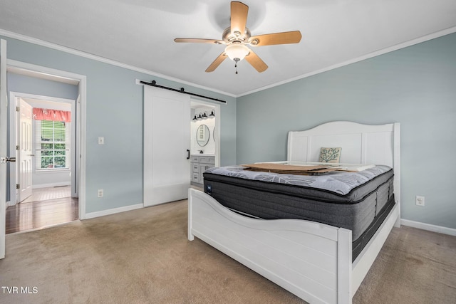 522 Crook St, Hampton, TN 37658 - bedroom with a barn door, carpet, baseboards, crown molding, and a ceiling fan