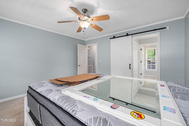 522 Crook St, Hampton, TN 37658 - bedroom featuring crown molding, light carpet, baseboards, a barn door, and a ceiling fan