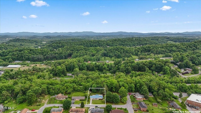 aerial view of property and surrounding area featuring a heavily wooded area, property parcel outlined, and a mountain backdrop