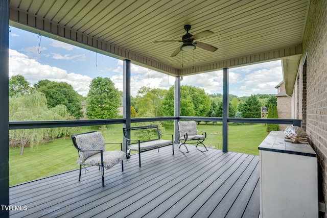 1001 Willows Trace Dr, Johnson City, TN 37601 - wooden deck with a ceiling fan, a yard, and view of wooded area