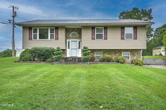 145 Linda Hts, Fall Branch, TN 37656 - split foyer home with a front yard, stone siding, and metal roof