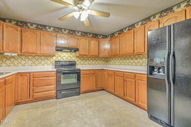 145 Linda Hts, Fall Branch, TN 37656 - kitchen featuring black appliances, under cabinet range hood, a textured ceiling, a ceiling fan, and light countertops