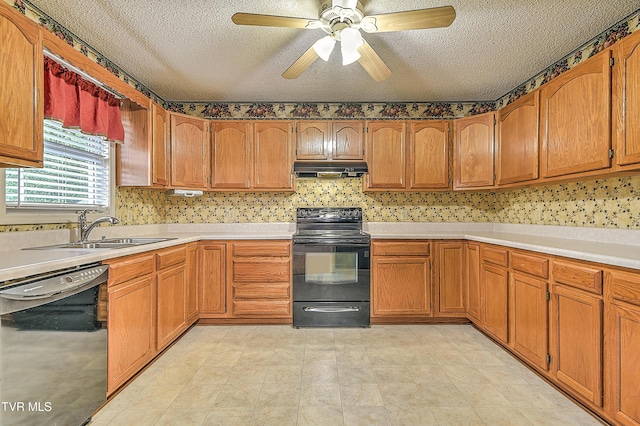 145 Linda Hts, Fall Branch, TN 37656 - kitchen featuring black appliances, a sink, under cabinet range hood, a textured ceiling, and light countertops