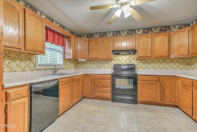 145 Linda Hts, Fall Branch, TN 37656 - kitchen featuring black appliances, a sink, light countertops, ceiling fan, and under cabinet range hood