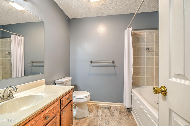 145 Linda Hts, Fall Branch, TN 37656 - full bath with a textured ceiling, toilet, vanity, baseboards, and shower / bathtub combination with curtain