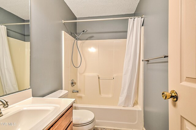 145 Linda Hts, Fall Branch, TN 37656 - bathroom featuring a textured ceiling, toilet, shower / bath combo with shower curtain, and vanity