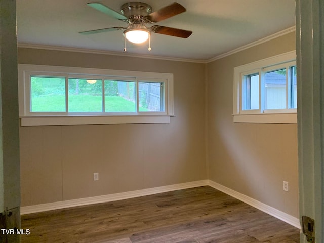 626 N Mohawk Dr, Erwin, TN 37650 - spare room featuring plenty of natural light, dark wood-type flooring, crown molding, baseboards, and ceiling fan
