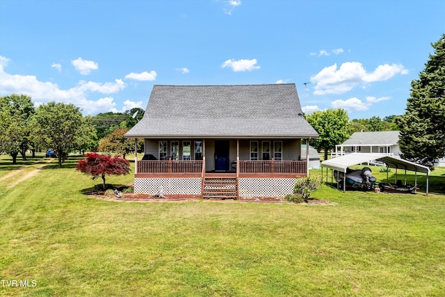 view of front of house with a porch, a front yard, roof with shingles, and a detached carport