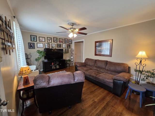 1317 Newton St, Bristol, VA 24201 - living room with dark wood-type flooring, ornamental molding, and ceiling fan