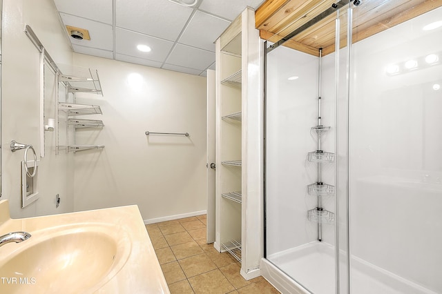 476 Sportsman Dock Rd, Piney Flats, TN 37686 - bathroom featuring a stall shower, tile patterned floors, baseboards, vanity, and recessed lighting
