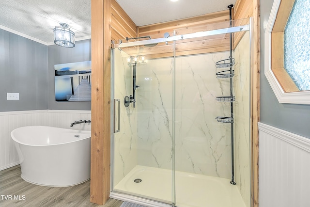 476 Sportsman Dock Rd, Piney Flats, TN 37686 - full bathroom with wood finished floors, a marble finish shower, a wainscoted wall, a freestanding bath, and a textured ceiling