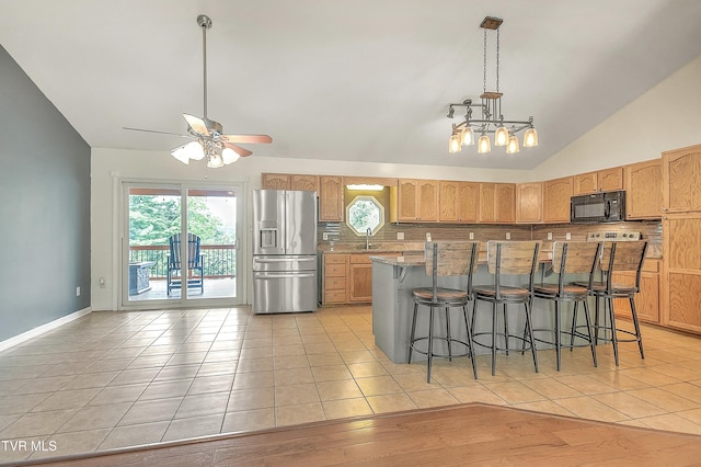 476 Sportsman Dock Rd, Piney Flats, TN 37686 - kitchen with stainless steel fridge with ice dispenser, black microwave, tasteful backsplash, vaulted ceiling, and a ceiling fan