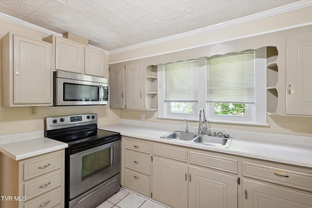 1700 Ridgeway Dr, Kingsport, TN 37664 - kitchen featuring stainless steel appliances, open shelves, a sink, light countertops, and a textured ceiling
