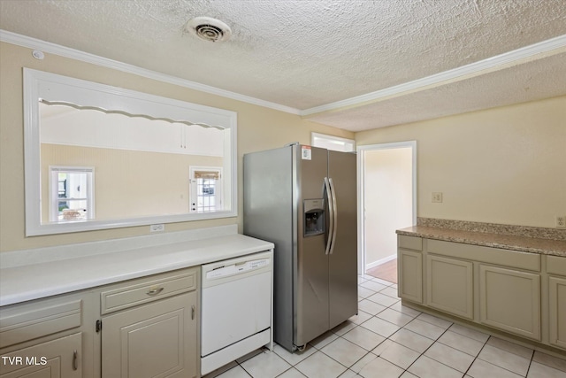 1700 Ridgeway Dr, Kingsport, TN 37664 - kitchen featuring dishwasher, stainless steel refrigerator with ice dispenser, a textured ceiling, ornamental molding, and light countertops
