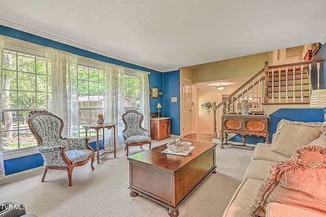 2309 Oxford Ct, Kingsport, TN 37660 - living room featuring stairs, light colored carpet, a textured ceiling, baseboards, and crown molding