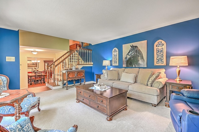 2309 Oxford Ct, Kingsport, TN 37660 - living area featuring stairway, carpet, a chandelier, crown molding, and a textured ceiling
