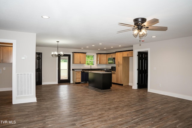 105 Ottinger Ln, Chuckey, TN 37641 - kitchen featuring open floor plan, a chandelier, dark wood-style flooring, a ceiling fan, and a center island