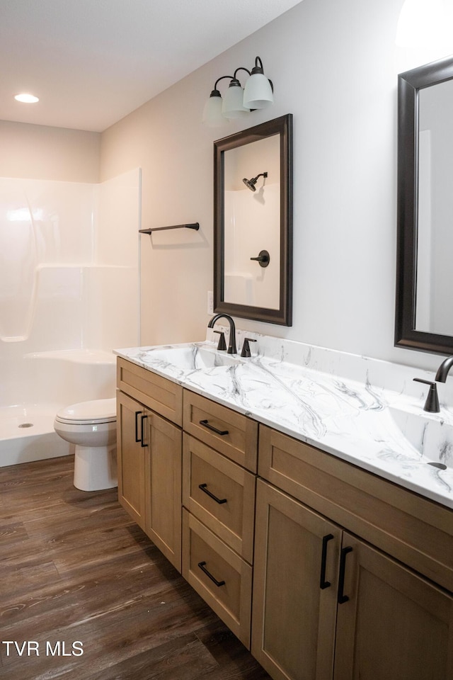 105 Ottinger Ln, Chuckey, TN 37641 - bathroom featuring wood finished floors, a shower, toilet, and double vanity