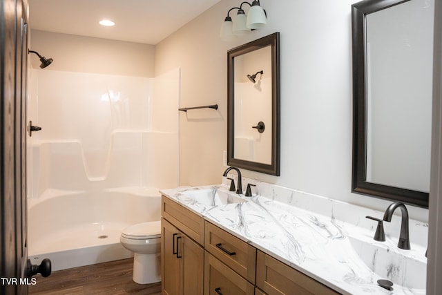 105 Ottinger Ln, Chuckey, TN 37641 - bathroom with wood finished floors, a shower, toilet, double vanity, and recessed lighting