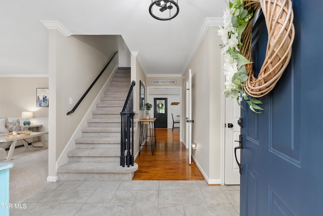 821 Regency Dr, Johnson City, TN 37604 - entrance foyer with stairway, crown molding, baseboards, and light tile patterned flooring