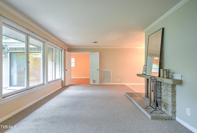 441 High Ridge Rd, Kingsport, TN 37660 - unfurnished living room with carpet flooring, baseboards, a fireplace with raised hearth, and ornamental molding