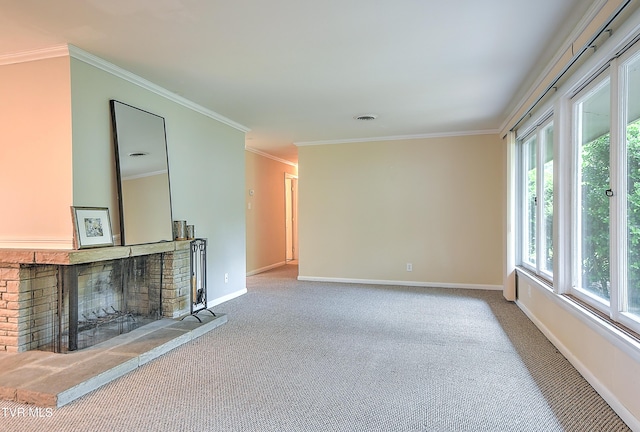 441 High Ridge Rd, Kingsport, TN 37660 - unfurnished living room featuring carpet floors, baseboards, crown molding, and a fireplace with raised hearth