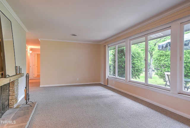 441 High Ridge Rd, Kingsport, TN 37660 - unfurnished living room with carpet floors, baseboards, a stone fireplace, and ornamental molding