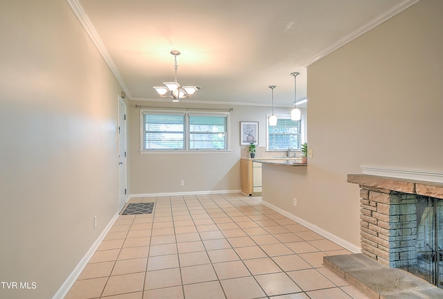 441 High Ridge Rd, Kingsport, TN 37660 - unfurnished dining area featuring crown molding, a sink, baseboards, light tile patterned floors, and a stone fireplace
