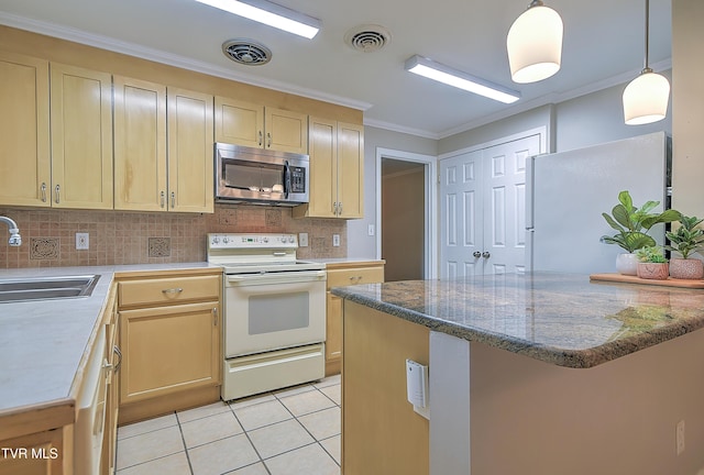 441 High Ridge Rd, Kingsport, TN 37660 - kitchen with white appliances, a sink, tasteful backsplash, light brown cabinetry, and crown molding