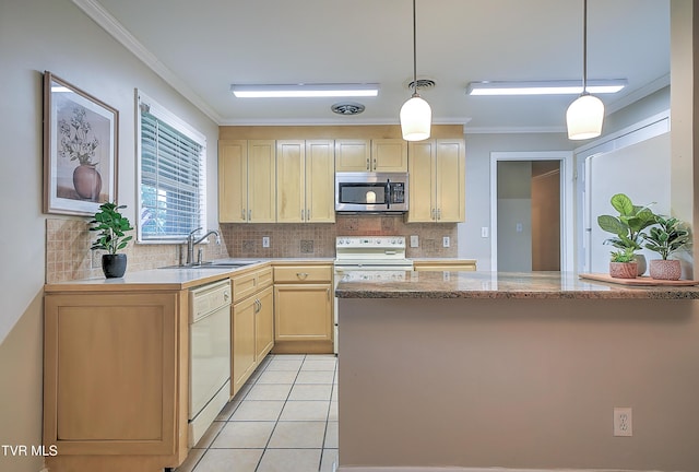 441 High Ridge Rd, Kingsport, TN 37660 - kitchen with white appliances, ornamental molding, a sink, decorative backsplash, and pendant lighting