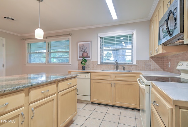 441 High Ridge Rd, Kingsport, TN 37660 - kitchen featuring white appliances, a sink, plenty of natural light, light tile patterned floors, and crown molding