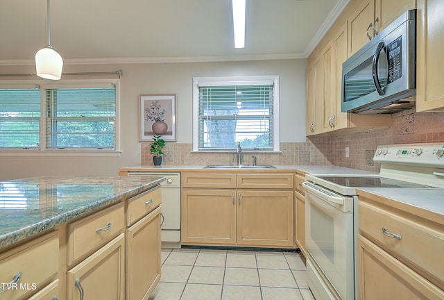 441 High Ridge Rd, Kingsport, TN 37660 - kitchen with white appliances, a sink, crown molding, light tile patterned flooring, and tasteful backsplash