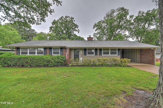 441 High Ridge Rd, Kingsport, TN 37660 - ranch-style house with a chimney, brick siding, a front lawn, and a carport