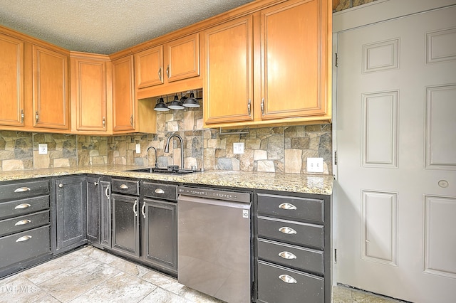 18505 Ironwood Loop, Abingdon, VA 24210 - kitchen with dishwasher, a sink, tasteful backsplash, light stone counters, and brown cabinets