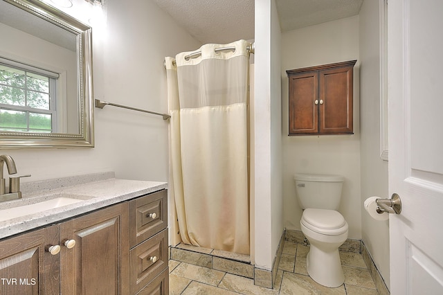 18505 Ironwood Loop, Abingdon, VA 24210 - full bath featuring toilet, vanity, a shower with curtain, stone tile floors, and a textured ceiling