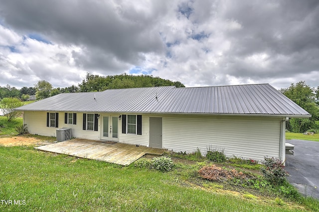 18505 Ironwood Loop, Abingdon, VA 24210 - rear view of house featuring french doors, metal roof, a yard, and a wooden deck