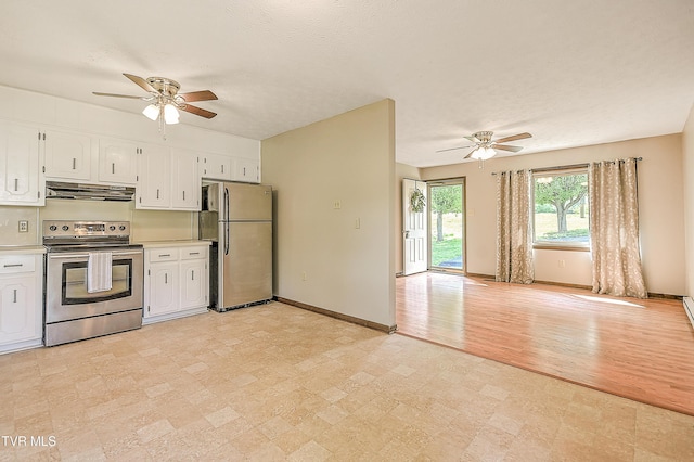kitchen featuring stainless steel appliances, ceiling fan, under cabinet range hood, and white cabinetry