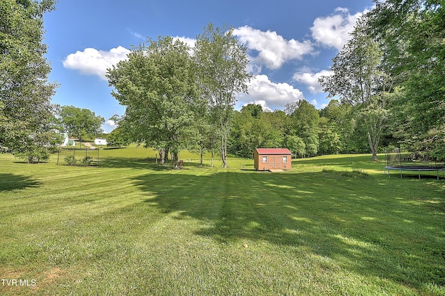 view of green lawn featuring a trampoline, a storage unit, and an outdoor structure