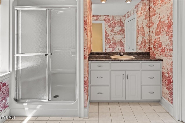 121 Queensgate, Bristol, TN 37620 - full bath with wallpapered walls, a shower stall, vanity, and tile patterned floors
