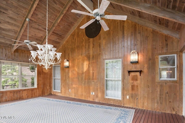 121 Queensgate, Bristol, TN 37620 - unfurnished dining area featuring a wooden ceiling with exposed beams, wooden walls, high vaulted ceiling, a chandelier, and ceiling fan
