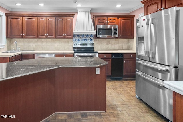 121 Queensgate, Bristol, TN 37620 - kitchen featuring appliances with stainless steel finishes, crown molding, premium range hood, decorative backsplash, and stone countertops