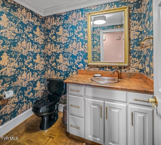 121 Queensgate, Bristol, TN 37620 - half bath featuring vanity, wallpapered walls, and ornamental molding