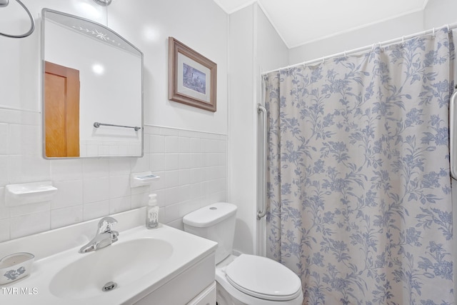 8836 Bristol Hwy, Hiltons, VA 24258 - bathroom with vanity, toilet, curtained shower, and tile walls