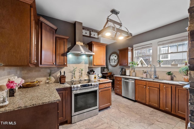 408 N Main St, Greeneville, TN 37745 - kitchen with stainless steel appliances, wall chimney exhaust hood, a sink, tasteful backsplash, and light stone counters