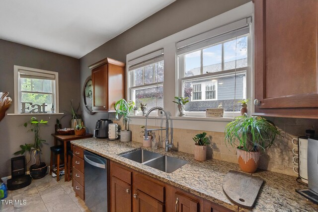 408 N Main St, Greeneville, TN 37745 - kitchen featuring a sink, dishwasher, decorative backsplash, and brown cabinetry
