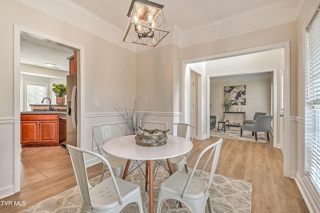 dining space featuring crown molding, a chandelier, light wood-style flooring, and wainscoting