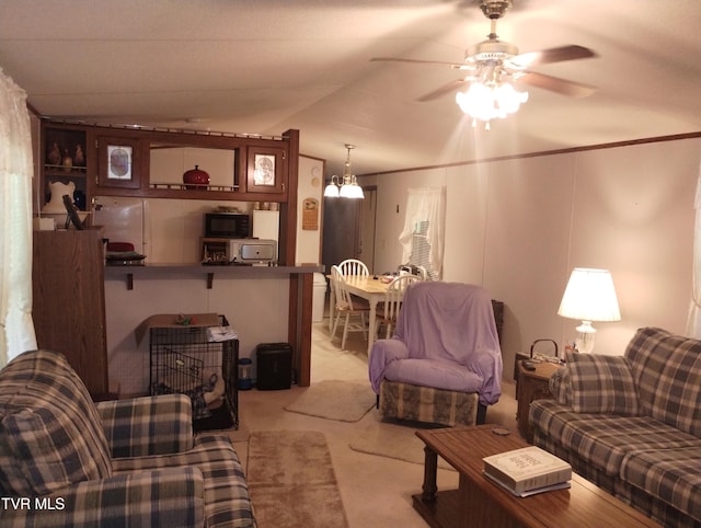 6560 Gilliam Rd, Wise, VA 24293 - living area featuring light carpet, ceiling fan, and vaulted ceiling