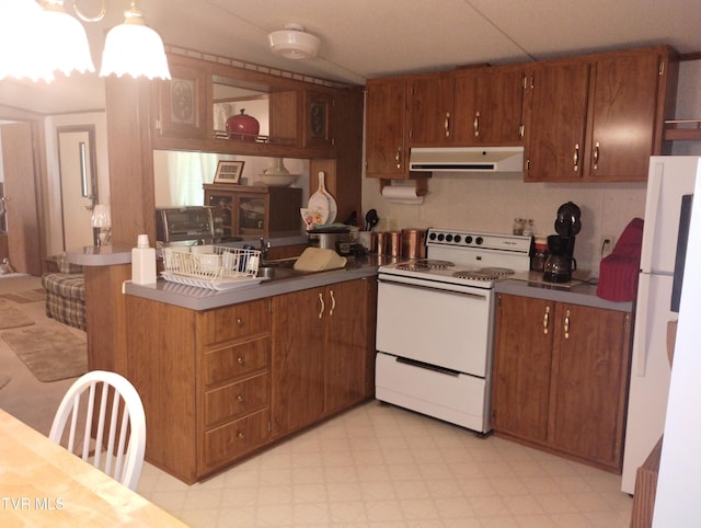 6560 Gilliam Rd, Wise, VA 24293 - kitchen with white appliances, ventilation hood, a peninsula, and brown cabinetry
