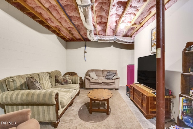 1086 Quaker Run, Telford, TN 37690 - living room featuring carpet and concrete block wall