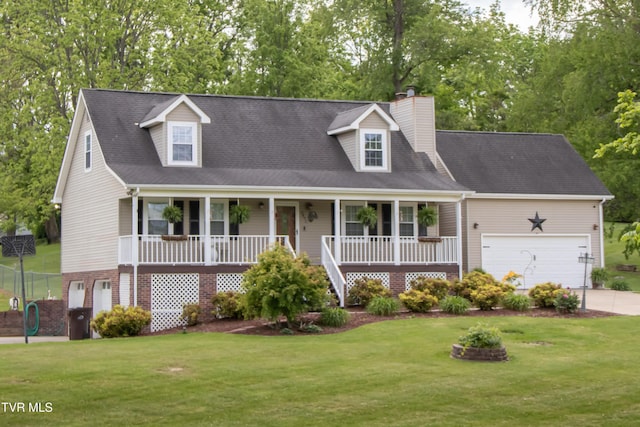 3493 Weaver Pike, Bristol, TN 37620 - new england style home featuring covered porch, concrete driveway, a front yard, a chimney, and an attached garage
